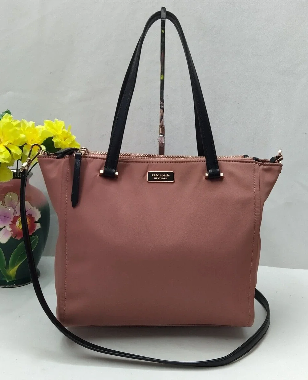 Kate Spade Dawn Sparrow Dusty Mauve Nylon Black Leather Satchel Shoulder Bag